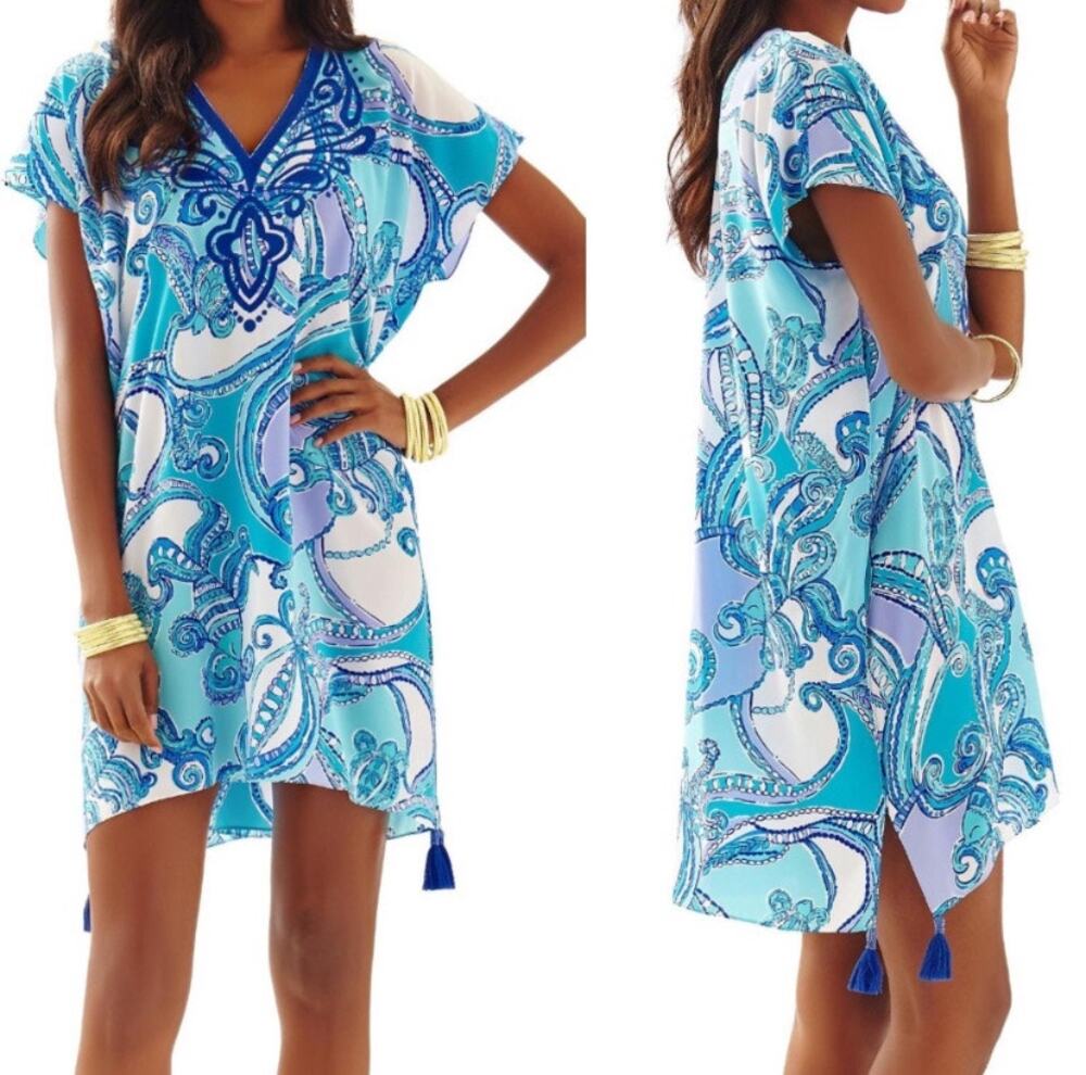 Lilly Pulitzer Sydney Silk Caftan Dress XS Blue Preppy Beach Resortwear